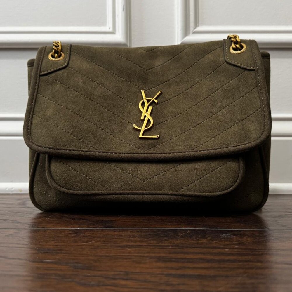 Niki Medium Flap Shoulder Bag in Quilted Suede Olive Green